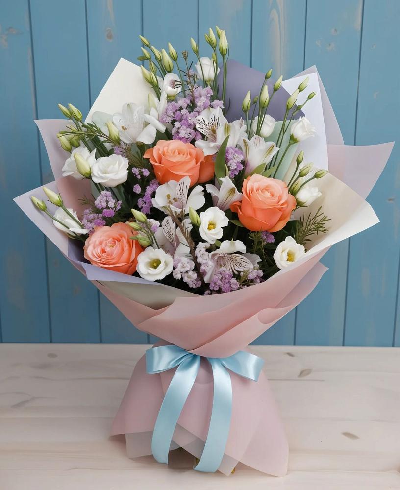 Букет цветов из: Лизиантусы, Розы, Альстромерии и Гипсофила в Какашуре